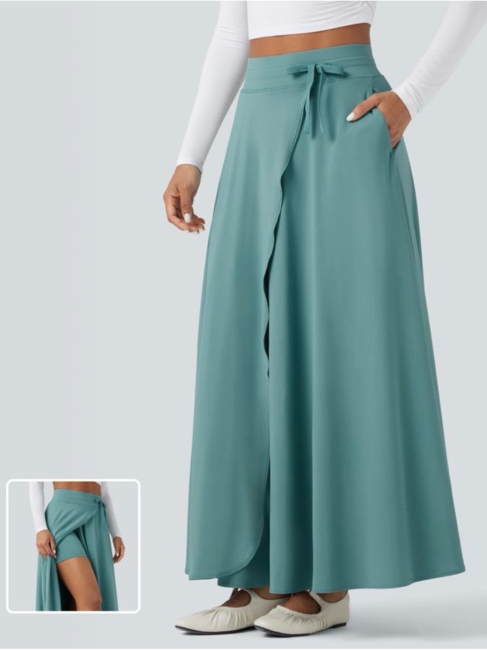 High Waisted Drawstring 2-in-1 Flowy Flare Maxi Casual Skirt with Pockets XL